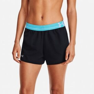 Under Armour Women’s Running Shorts Black Mesh Blue Logo Waistband